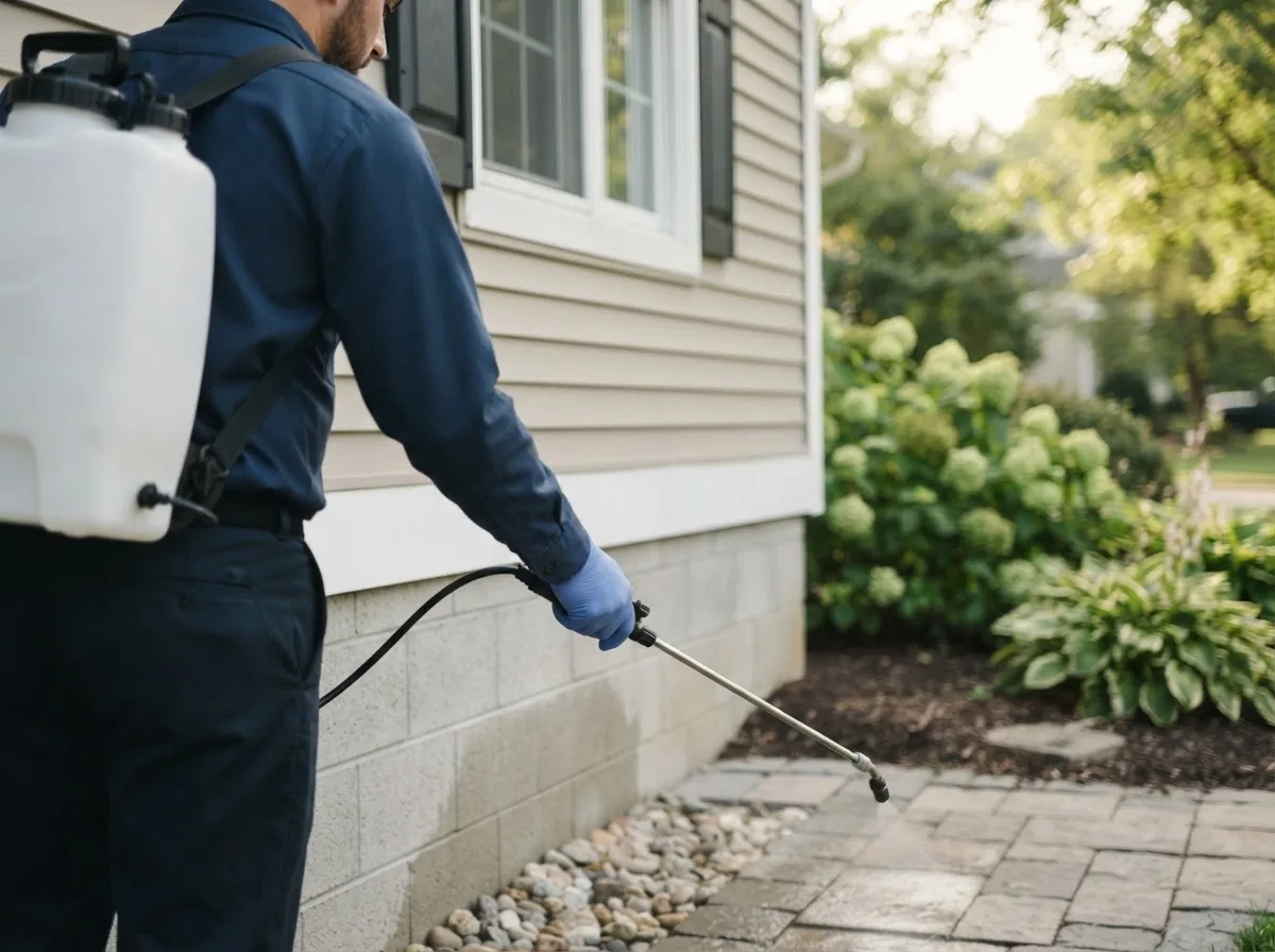 Pest control technician inspecting a home in Paton, IA